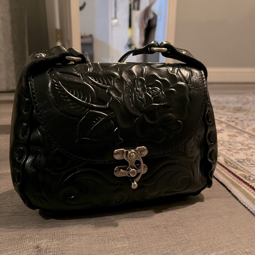 Patricia Nash Black Leather Western Saddle Bag